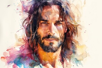 Divine Watercolor Portrait of Jesus Christ with Ample Copy Space for Religious Projects