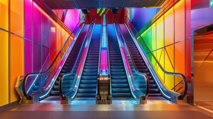 Two Illuminated Escalators in a Modern Building with Colorful Walls