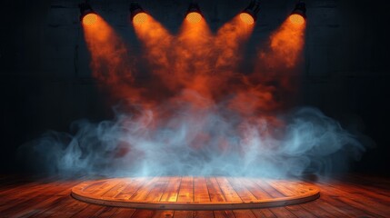 Wall Mural - an empty stage shrouded in smoky haze, illuminated by dramatic spotlights, perfect for presentations