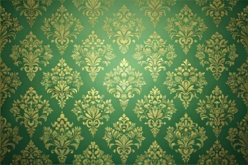 Vintage-inspired green and gold damask pattern on a muted green background, home decor ideas, luxurious, interior design inspiration, damask