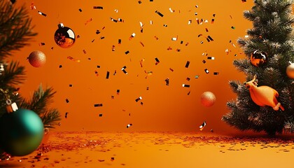 Aufkleber - Festive Christmas Scene with Orange Ornaments and Pine Trees Celebrating Holiday Season with Sparkling Confetti : Generative AI