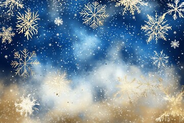 Poster - Stunning Blue and Gold Snowflakes on a Starry Night Sky Background : Generative AI