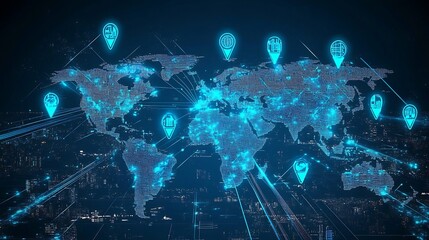 Aufkleber - Digital Global Connections Map with Glowing Markers and Navigation : Generative AI