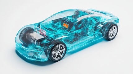 Wall Mural - a high-tech, futuristic car with a digital dashboard and transparent body panels, resting against a 