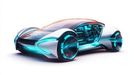 Wall Mural - a high-tech, futuristic car with glowing edges and a digital interface, resting on a clean white bac