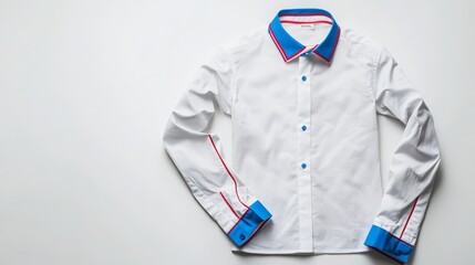 Wall Mural - A minimalistic white long-sleeved shirt adorned with blue and red trim, isolated on a clean white background for a sharp, modern look