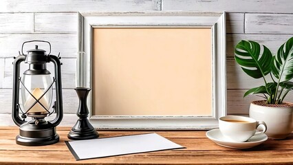 Vintage wooden frame mockup with oil lamp and coffee on rustic table