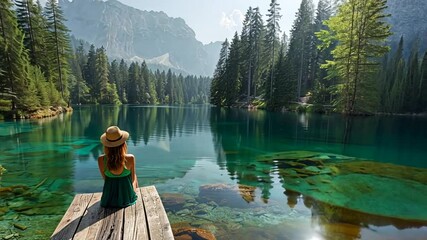 Wall Mural - Serene Escape: A solitary woman, bathed in the golden hues of sunrise, finds tranquility on a wooden dock overlooking a pristine alpine lake.