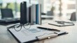 © Generative AI - Modern Office Desk with Business Documents and Glasses on Wooden Surface in Bright Sunlit Room : Generative AI