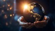 © Generative AI - Hands Holding Illuminated Earth at Night Representing Technology Connectivity and Global Networks : Generative AI
