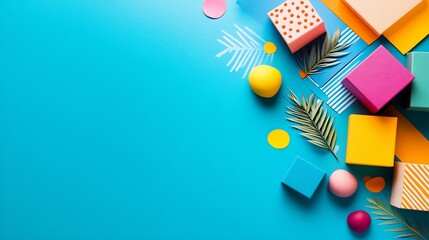 Fototapete - Colorful Geometric Shapes and Patterns on Blue Background for Creative Design : Generative AI