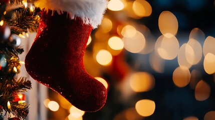 Poster - Festive Red Christmas Stocking Hanging with Warm Bokeh Lights in Cozy Holiday Setting : Generative AI