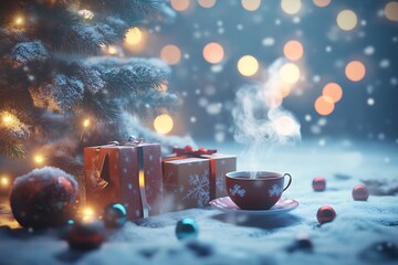Aufkleber - Magical Christmas Scene with Steaming Cup and Bokeh Lights Under Decorated Tree : Generative AI