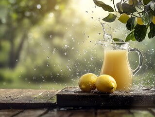 Poster - Splashing Lemon Juice on Rustic Table with Sunlit Greenery in Background : Generative AI