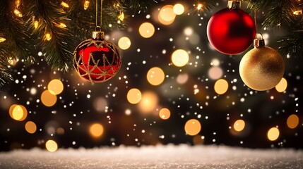 Fototapete - Christmas Baubles Hanging with Snow and Golden Bokeh in Winter Wonderland Setting : Generative AI