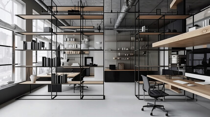 Wall Mural - industrial-style open office with minimalist black and white decor, floating wooden shelves, and ope