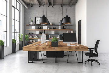 Wall Mural - industrial-style open office with minimalist black and white decor, floating wooden shelves, and ope