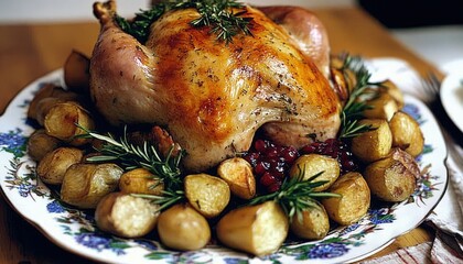 Wall Mural - Roasted Chicken with Potatoes and Cranberry Sauce.