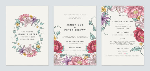Wall Mural - Wedding invitation suite template featuring intricate botanical illustrations of various flowers and foliage, arranged in a romantic and elegant style on a brown background