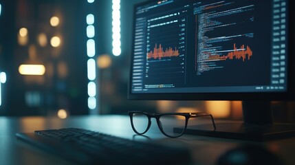 Poster - Data processing in progress on computer screen, glasses on desk in modern office for business theme