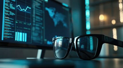 Poster - Data processing in progress on computer screen, glasses on desk in modern office for business theme
