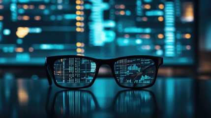 Poster - Data processing in progress on computer screen, glasses on desk in modern office for business theme
