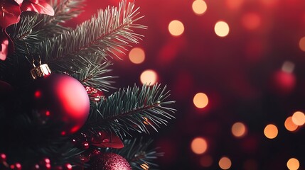 Aufkleber - Classic Red Christmas Bauble with Pine Branch and Festive Bokeh Lighting : Generative AI