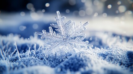 Poster - Delicate Snowflake on Frosty Surface with Blurred Winter Background : Generative AI