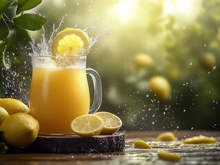 Aufkleber - Lemon Juice Splash with Whole and Cut Lemons in Sunlit Garden Setting : Generative AI