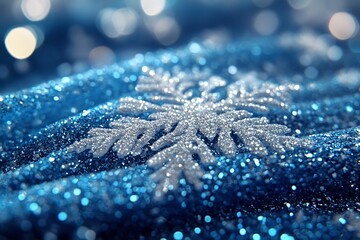 Poster - Sparkling winter snowflake on shimmering blue surface creating festive seasonal atmosphere : Generative AI