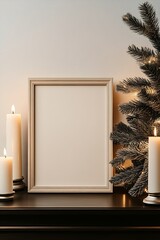 Fototapete - Minimalist Christmas Scene with Blank Frame Surrounded by Flickering Candles : Generative AI