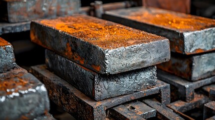 Poster - Automated conveyor belts moving a stack of metallic gray zinc ingots through an industrial manufacturing facility for packaging and distribution to customers and supply chains  The rusty