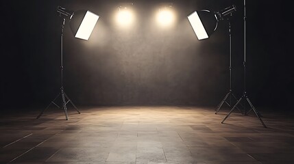 Empty studio with two spotlights shining on a grey textured wall.