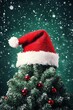 © Generative AI - SnowCovered Christmas Evergreen with Santa Hat in a Magical Wintry Wonderland Scene : Generative AI