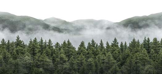 Wall Mural - PNG Misty forest mountains with tall green trees nature fog landscape.