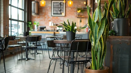 Wall Mural - Indoor Cafe with Black Chairs and Snake Plants