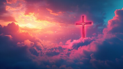 Wall Mural - a serene religious background featuring a glowing holy cross set against a sky with gentle clouds. t