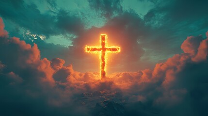 Wall Mural - a serene religious background featuring a glowing holy cross set against a sky with gentle clouds. t