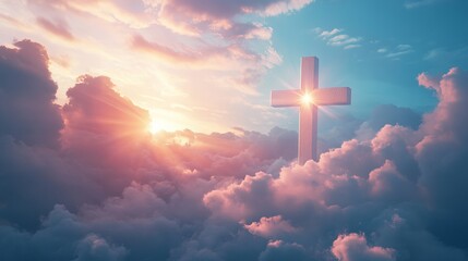 Wall Mural - a serene image of a bright christian cross appearing in the sky, surrounded by soft, fluffy white cl
