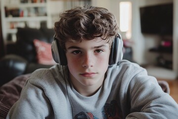 Portrait of teenage boy listening to music at home.generative ai