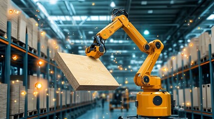 Poster - Robotic arm efficiently stacking plywood sheets in a well lit industrial warehouse showcasing the automation and technology used in modern manufacturing and logistics processes