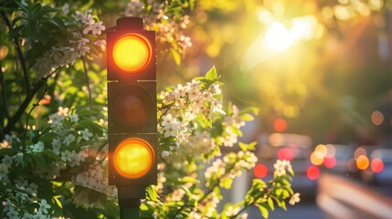 Wall Mural - traffic light against a blurred background of blossoming trees
