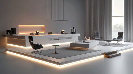 Wall Mural - minimalist office layout with simple, bench-style desks, ergonomic chairs, subtle accent lighting, a