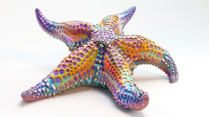Wall Mural - A vibrant, iridescent starfish with a textured surface and a white background