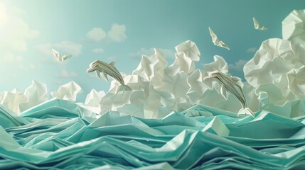 Wall Mural - paper origami dolphins leaping over crumpled paper clouds
