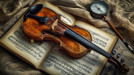 A Violin Resting on Sheet Music with a Gauge and a Bow