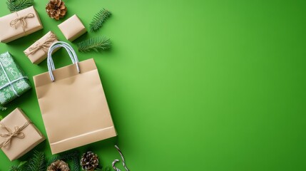 A festive arrangement of gift packages and a shopping bag on a vibrant green background, ideal for holiday shopping promotions.