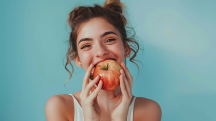 A female holding and eating a fresh ripe apple