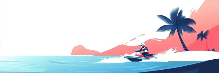 Wall Mural - Artistic illustration of jetski in water. Flat vector. Summer tropical sports.