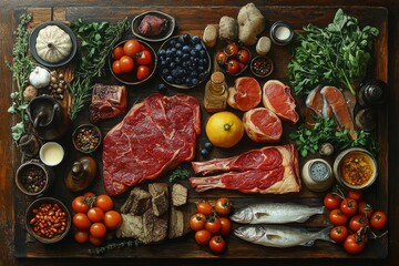 The variety of meats like steak, chicken, and fish, arranged beautifully on a rustic wooden table. Generative AI